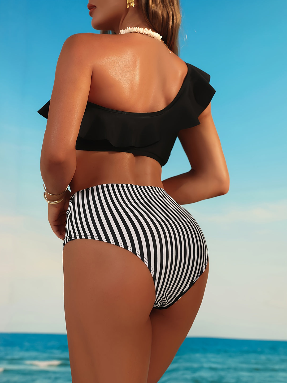 2 Piece Ruffle One Shoulder Stripes Print Bikini Set - High Waist Tummy Control, Asymmetric, Blue, Stretchy, Beach Swimsuit for Women