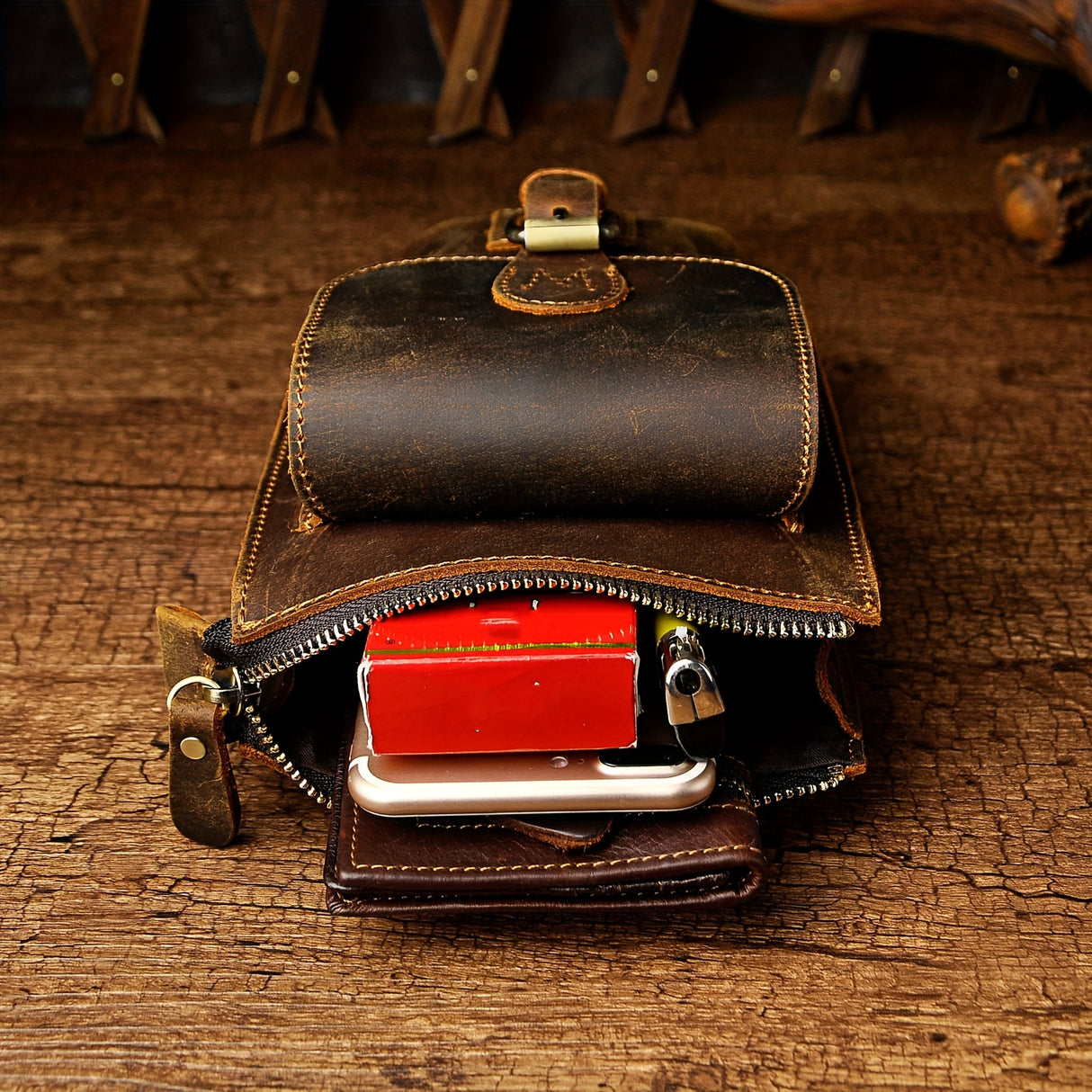 Genuine Crazy Horse Leather Unisex Crossbody Sling Waist Bag, Retro Travel Phone Pouch Fanny Belt Bag, 6402