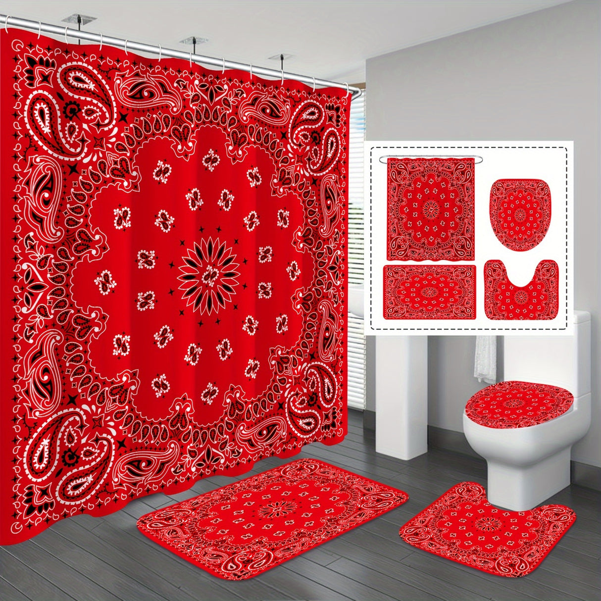 1/4pcs Deluxe Bathroom Essentials Set - Waterproof Shower Curtain with 12 Hooks, Non-Slip Bath Rug, U-Shape Mat, Toilet Lid Cover Pad - Complete Bathroom Accessories and Home Decor Solution