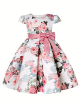 Girls Elegant Floral Pattern Dress Short Sleeves Dresses Kids Clothes For Winter Fall Christmas Gift Party