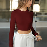 Womens Long Sleeve Shirts Ribbed Crop Tops Workout Slim Fit Crew Neck Stretchy Fitted Tee