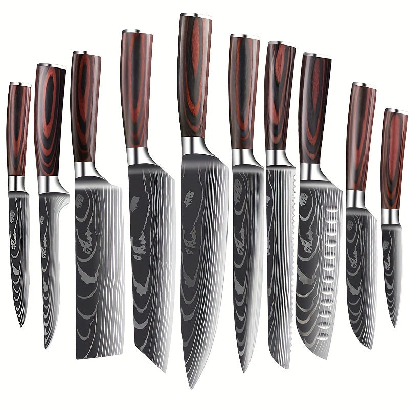 3-10pcs Stainless Steel Deluxe Kitchen Knife Set - Ergonomic Wooden Handle, Sharp Blade, Multi-Purpose, Portable for Home, Outdoor Camping, Dormitory, and More - Perfect for Chefs, Cooking Enthusiasts, and Foodies