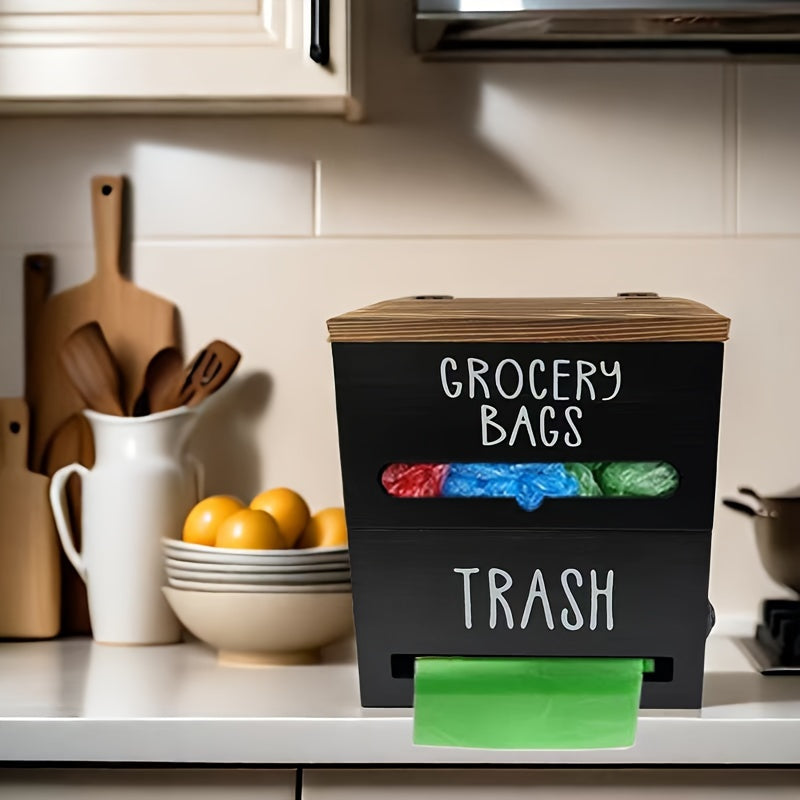 2-in-1 Wooden Wall-Mount Garbage Bag Dispenser & Organizer - Large Capacity, White/Black for Kitchen & Bathroom Essentials