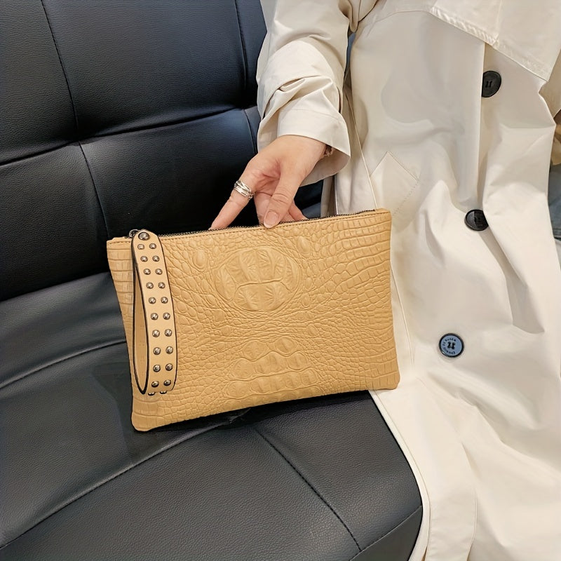 Crocodile Pattern Square Clutch Bag - Zipper Closure, Fixed Shoulder Straps, Animal Print PU Handbag with Polyester Lining and Wristlet - Fashionable Studded Decor for Women