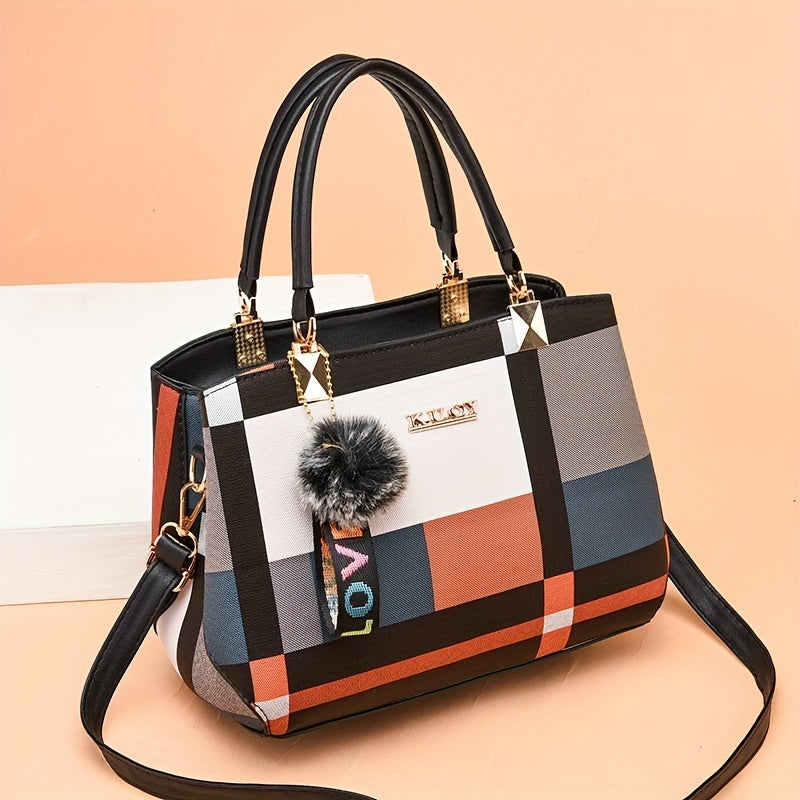 Stylish Color Block Women's Tote Bag with Pendant