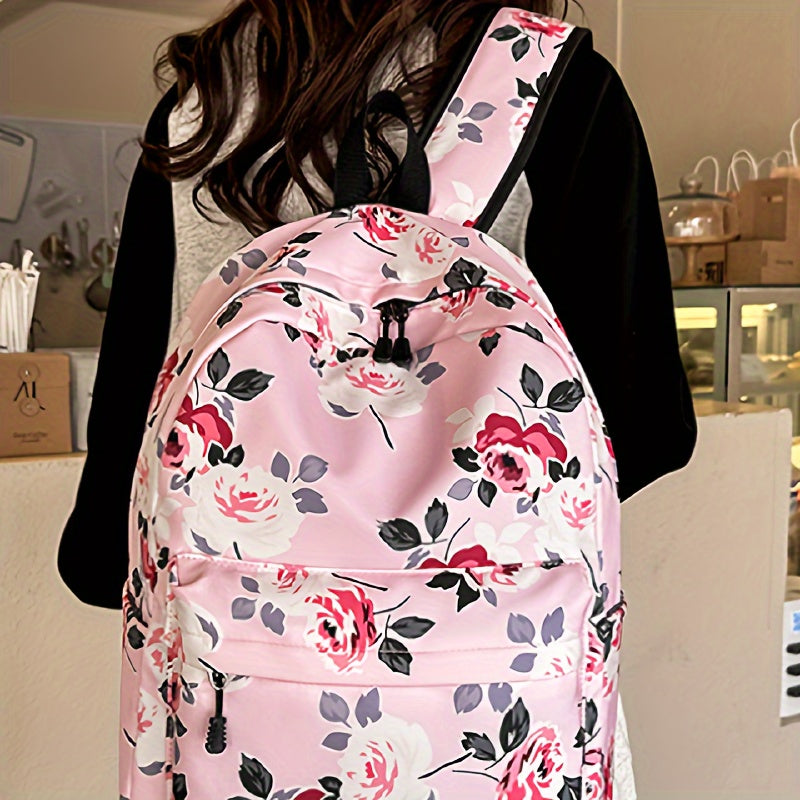 3-Piece Set Floral Fashion Backpack Collection - Stylish Student School Bag with Insulated Lunch Zipper Handbag & Detachable Zipper Clutch Bag for Girls and Women