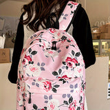 3-Piece Set Floral Fashion Backpack Collection - Stylish Student School Bag with Insulated Lunch Zipper Handbag & Detachable Zipper Clutch Bag for Girls and Women