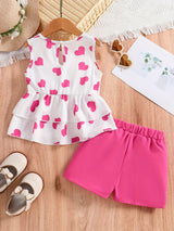 Girls Casual Trendy Cute Heart Graphic Sleeveless Peplum Top & Shorts Set For Summer Holiday Party Kids Clothes