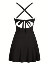 1pc Elegant One-Piece Swimsuit for Women, High Stretch Polyamide Knit Fabric, Solid Color with Hollow Cross Strap Detail and Skirt Style