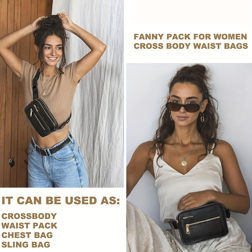 Upgraded Women's Faux Leather Crossbody Bag Belt Bag Fashionable Waist Bag with Adjustable Shoulder Strap Chest Bag with 5 Zipper Pockets