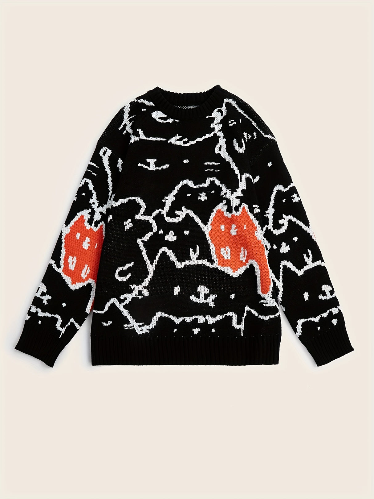 Cute Cats Pattern Knitted Sweater, Men's Casual Warm Slightly Stretch Crew Neck Pullover Sweater For Men Fall Winter