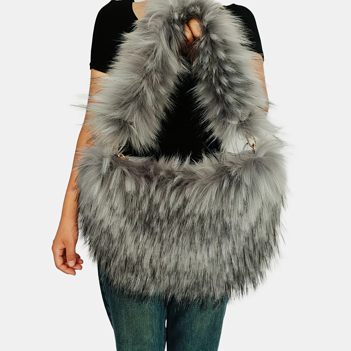 [Heart Shaped Plush Shoulder Bag] Plush Love Heart Shaped Shoulder Bag, Y2K Fluffy Tote Bag, Faux Fur Underarm Bag Purse For Women