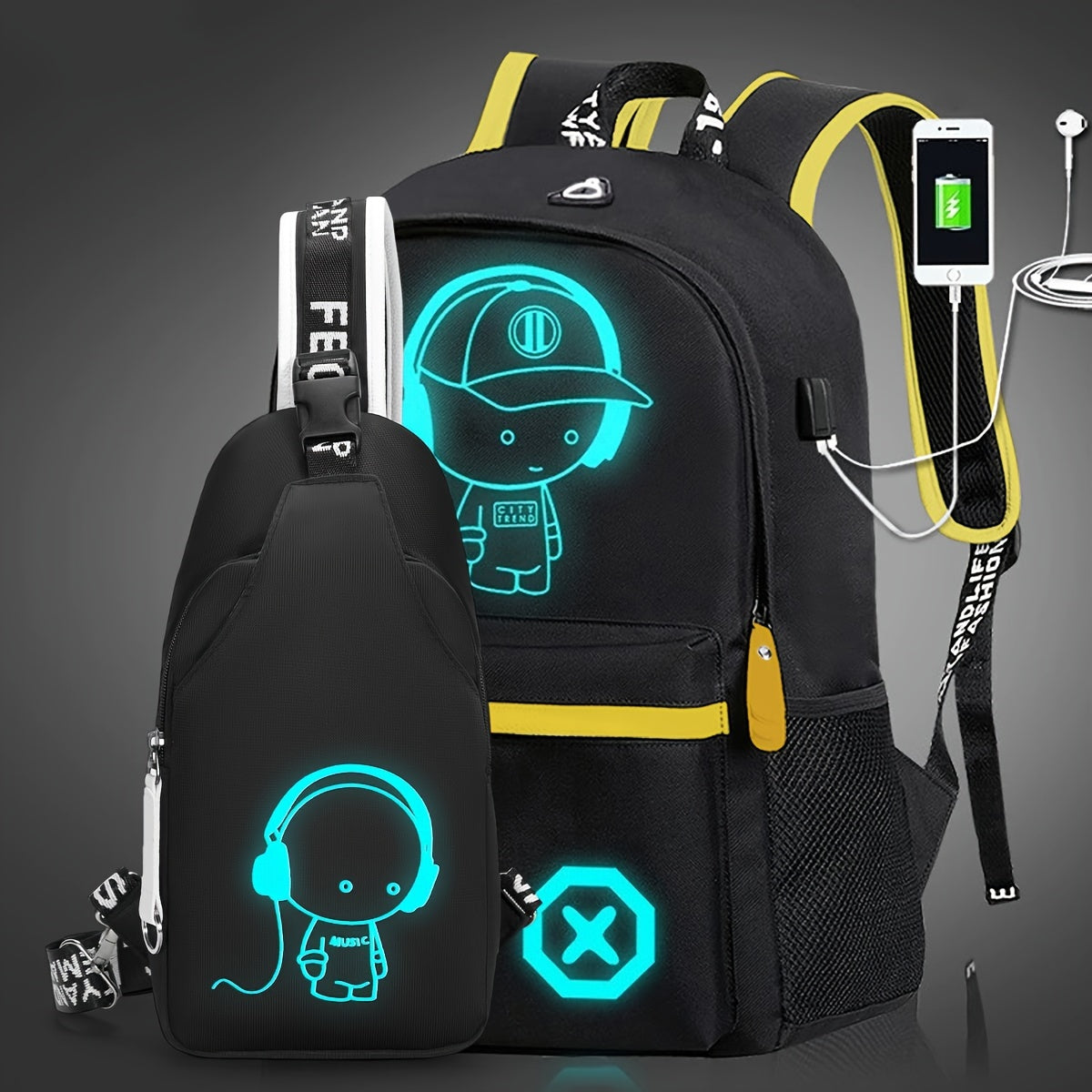 2pcs/set Cartoon Print Large Capacity Casual Backpack, 2-Piece Set: Travel Backpack, School Bag, Chest Bag