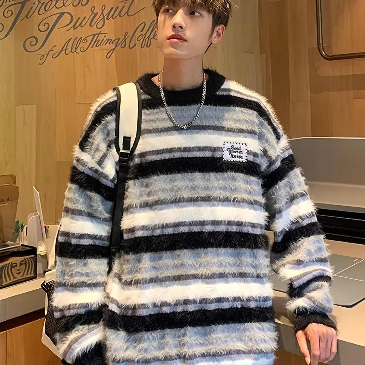 Cozy Striped Knit Sweater for Men - Casual Loose Fit, Color Block Design, Perfect for Fall/Winter