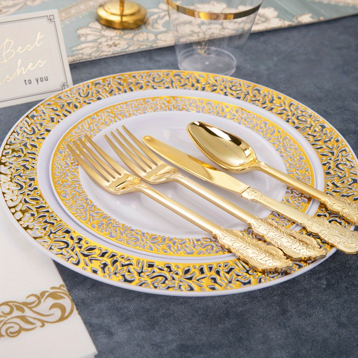 350 Piece Disposable Plastic Dinnerware Set, Golden Lace Design, 50 Dinner Plates, 50 Dessert Plates, 50 Golden Silverware, 50 Golden Cups, 50 Napkins for Thanksgiving Party