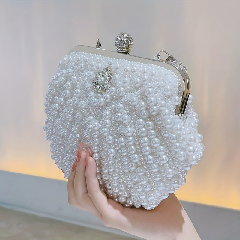 Shiny Event Clutch Bag, Buckle Metal Chain Handbag, Floral Handle Party Bag For Wedding