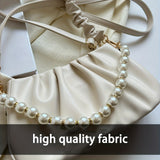 Chic White Ruched Handbag with Pearl Accents, Soft PU Leather, Versatile Underarm and Shoulder Bag for All Occasions
