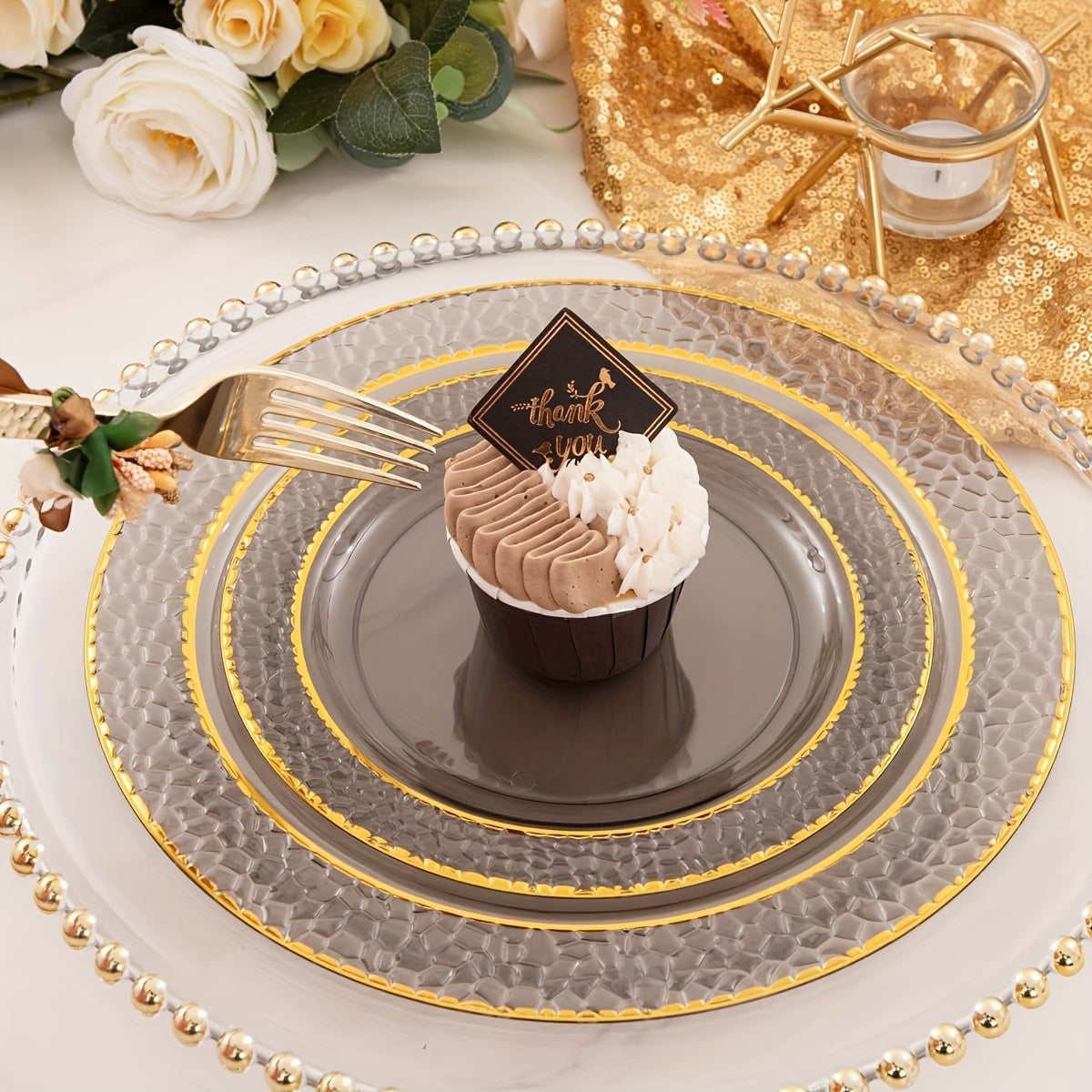 150PCS Clear Black Plastic Plates - Gold Plastic Plates with Gold Plastic Silverware Include: 25Dinner Plates, 25Dessert Plates, 25Cups, 25Forks, 25Knives, 25Spoons for Wedding Party