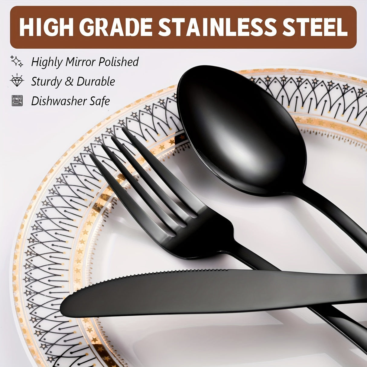 60pcs, Stainless Steel Flatware Set, Black & Golden Silverware, Mirror Polished Cutlery Set, Includes Knives, Forks, Spoons, For Weddings, Birthdays, Independence Day, Dishwasher Safe