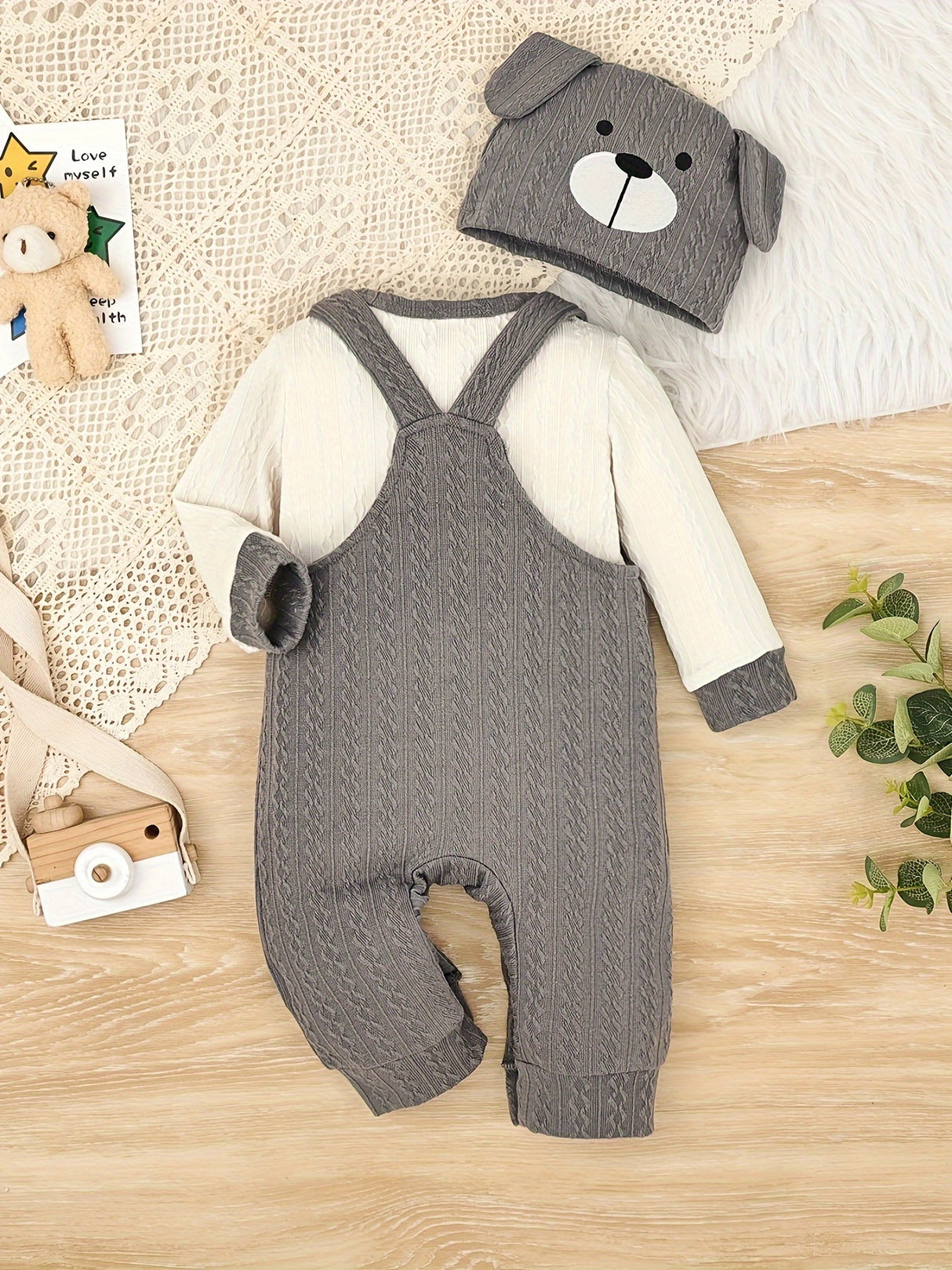 CETEPY Toddler Baby Boys Clothes Autumn Winter Outfits Long-sleeved Top Jumpsuit Suspender Trousers with Knitted Hat Sets 0 Months-18 Months, for Outdoor