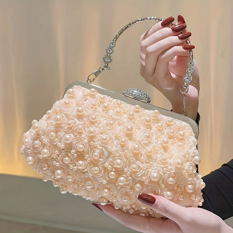 Luxurious Faux Pearl Evening Clutch Bag - 3D Flower Embellished, Top Ring Design, Wedding Bridal Prom Banquet Purse with Elegant Look and Compact Size