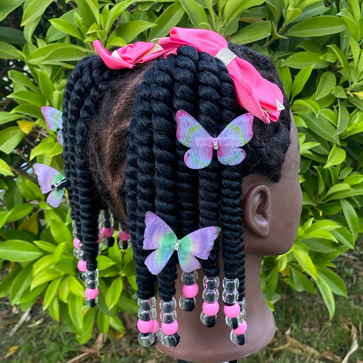 2pcs Delicate Kids Ponytail Extensions, Braids With Beads, Sweet Hair Extension With Elastic Tie, Twist Ponytails With Hair Bows Butterflies, Cute Pigtail, Beautiful Wig For Girls Casual Leisure Party Supplies, Gift Stage Per