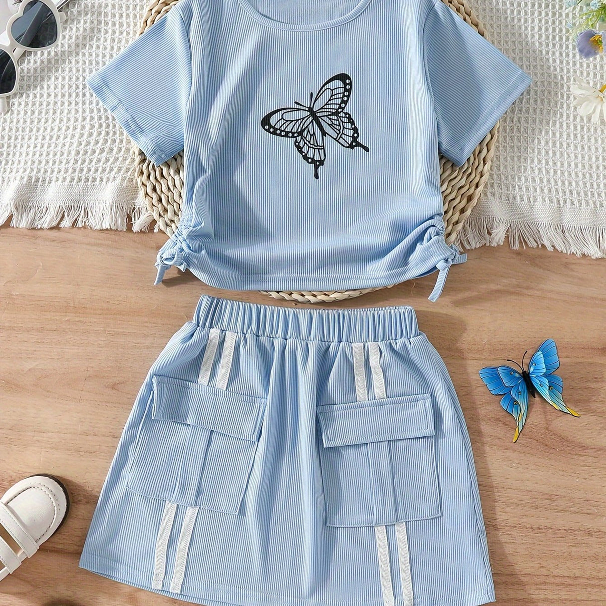 Girl's Trendy 2pcs, Drawstring T-shirt & Skirt Set, Butterfly Print Ribbed Short Sleeve Top, Casual Outfits, Kids Clothes For Summer