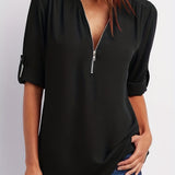 Solid V Neck Blouse, Casual Ruched Rollable Sleeve Half Zip Blouse, Women's Clothing