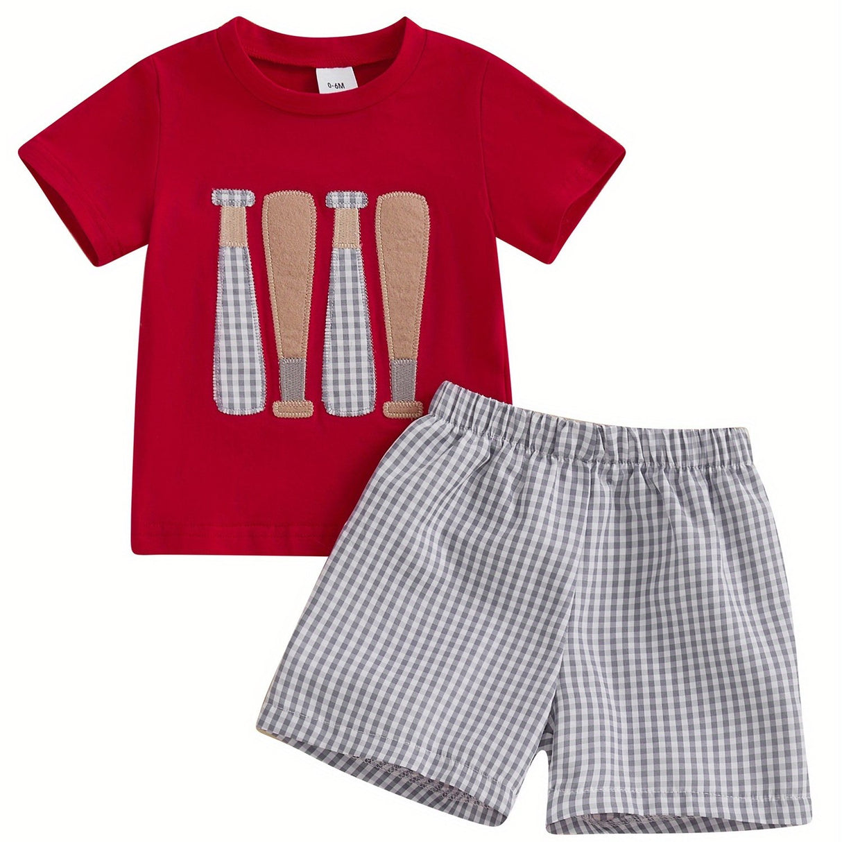Toddler Boys' Baseball Embroidered Cotton Shorts Set - Comfy Short Sleeve Round Neck Top with Elastic Waistband Plaid Shorts, Machine Washable, All-Season Wear, Comfortable Playwear|Playful Kids' Clothes|Easycare Clothing, Pe
