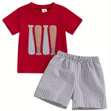 Toddler Boys' Baseball Embroidered Cotton Shorts Set - Comfy Short Sleeve Round Neck Top with Elastic Waistband Plaid Shorts, Machine Washable, All-Season Wear, Comfortable Playwear|Playful Kids' Clothes|Easycare Clothing, Pe