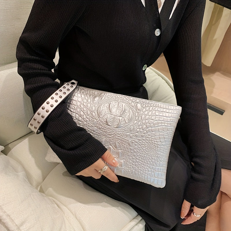Crocodile Pattern Square Clutch Bag - Zipper Closure, Fixed Shoulder Straps, Animal Print PU Handbag with Polyester Lining and Wristlet - Fashionable Studded Decor for Women
