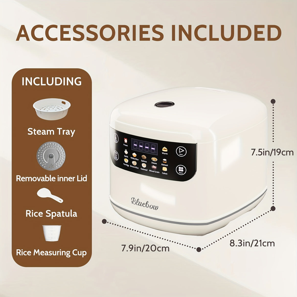 Bluebow 2L Mini Digital Rice Cooker - 10-in-1 Portable Multi-Function with Auto Presets, Non-Stick Inner Pot, Touch-Screen Controls, Delay & Keep Warm, White, Perfect for Home Kitchens, Sleek Modern Appliance | Durable Alumin