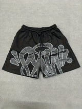 Casual Retro Hip Hop Print Drawstring Shorts for Men & Women - Y2K-Inspired Cotton Blend, Machine Washable, Streetwear Fashion