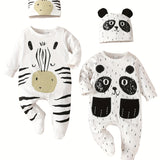 4pcs/Pack Baby Boy Romper Newborn Clothes Infant 2pcs Footie Jumpsuit + 2pcs Hat Cute Animal Patterns Baby Boy Outfits, for Outdoor