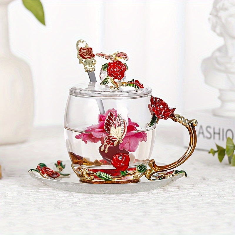 1pc, Exquisite Rose Enamel Butterfly Tea Cup - Heat Resistant, Clear Glass, Painted Flower Design, Elegant Coffee Mug, Tumbler, Ideal Breakfast Drinking Glass, Perfect Gift for Tea Lovers