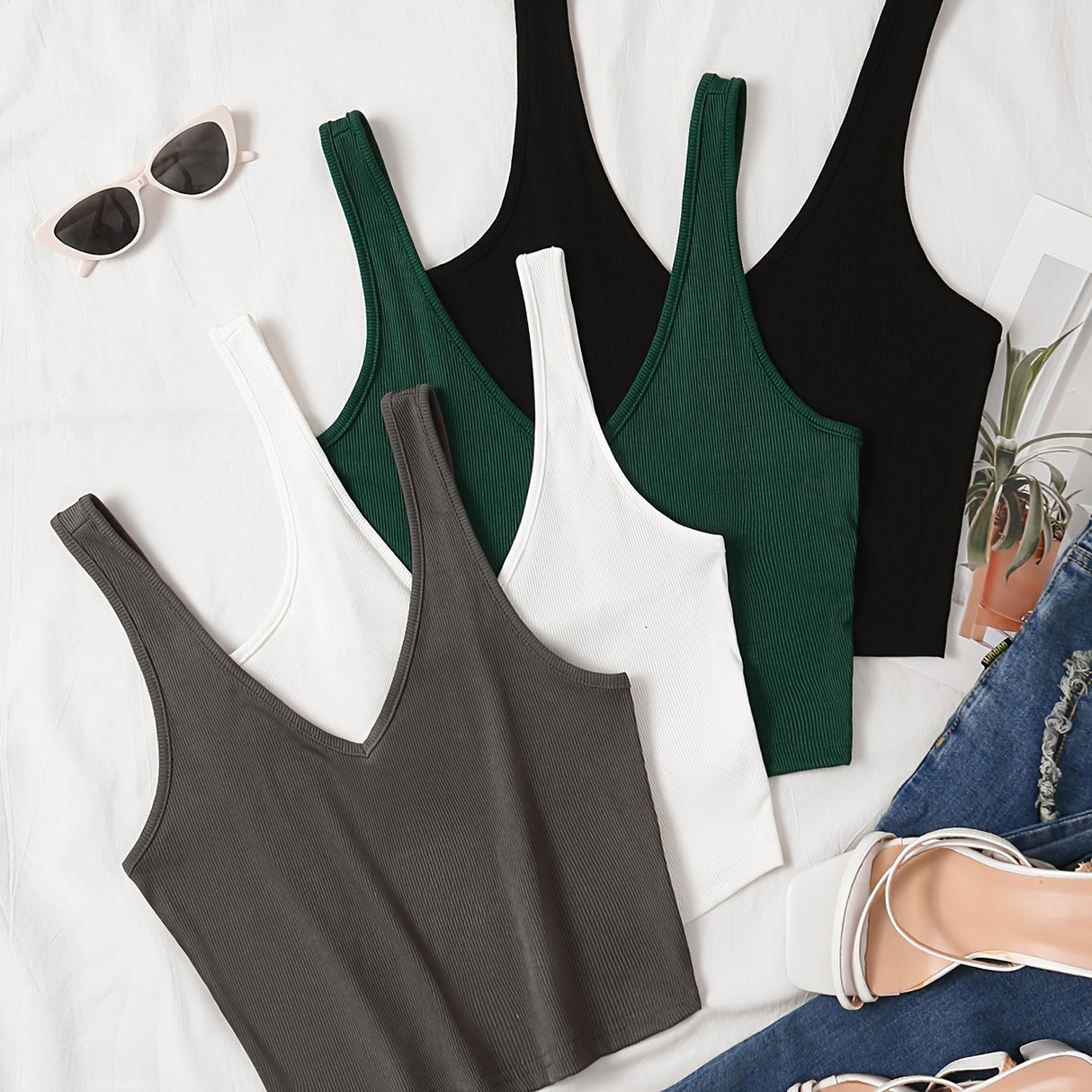 4-Pack Solid V-neck Tank Tops - Flattering Sleeveless Crop Tops for Women - Trendy Summer Wardrobe Essentials