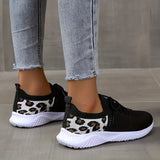 Women's Leopard Knit Sports Shoes, Breathable Lace Up Low Top Running Shoes, Casual Walking Tennis Sneakers