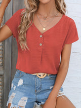 Womens Charming Solid Button Front Blouse - Casual V Neck, Short Sleeve, Perfect for Spring & Summer - Lightweight, Versatile, Ideal Everyday Style - Suitable for Multiple Occasions