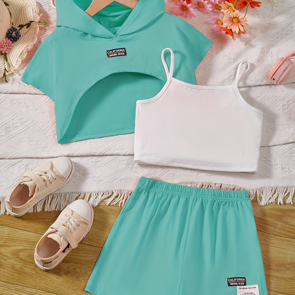 Girl's Stylish 3pcs, Hooded T-shirt & Camisole & Shorts Set, CALIFORNIA Patched Short Sleeve Top, Casual Outfits, Kids Clothes For Summer