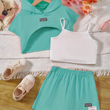 Girl's Stylish 3pcs, Hooded T-shirt & Camisole & Shorts Set, CALIFORNIA Patched Short Sleeve Top, Casual Outfits, Kids Clothes For Summer
