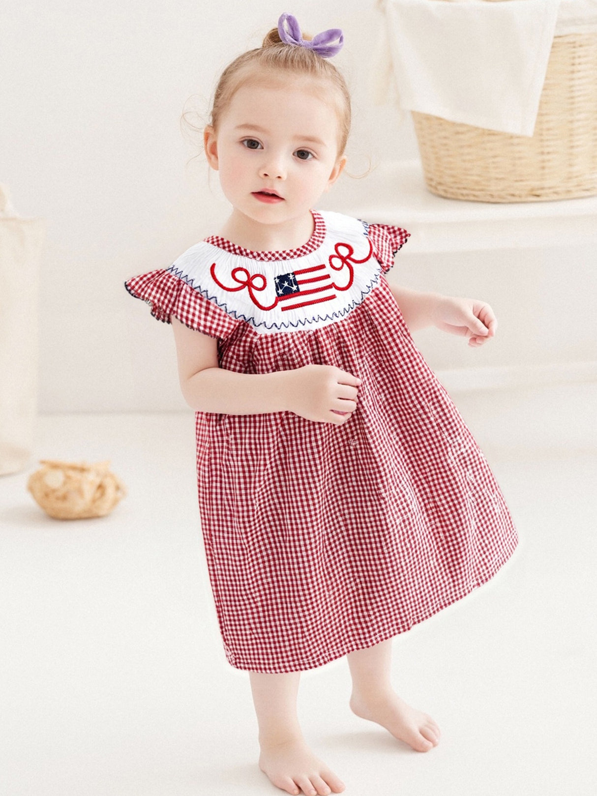 Toddler Girls Patriotic 4th of July Dress with American Flag Embroidery, Ruffled Sleeves & Bow Detail - Red Gingham A-Line Cotton Blend Beach Party Outfit for Independence Day Celebrations, Little Girls Outfit Sets