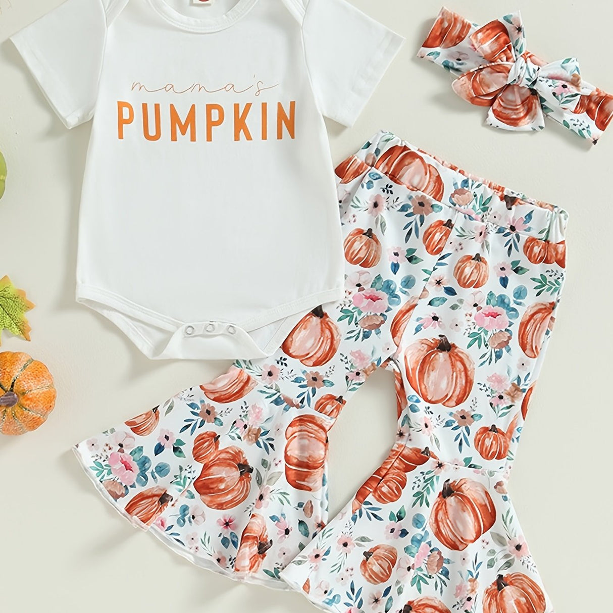 3pcs Pumpkin Floral Print Baby Girl Set: 3-Piece Romper, Bodysuit, Pants & Headband