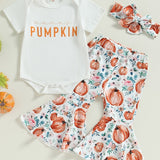 3pcs Pumpkin Floral Print Baby Girl Set: 3-Piece Romper, Bodysuit, Pants & Headband