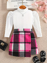 Girl's Elegant 2pcs, Ribbed Long Sleeve Top & Skirt Set, Button Decor Plaid Print Casual Outfits, Kids Clothes For Spring Autumn