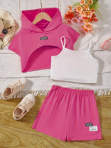 Girl's Stylish 3pcs, Hooded T-shirt & Camisole & Shorts Set, CALIFORNIA Patched Short Sleeve Top, Casual Outfits, Kids Clothes For Summer