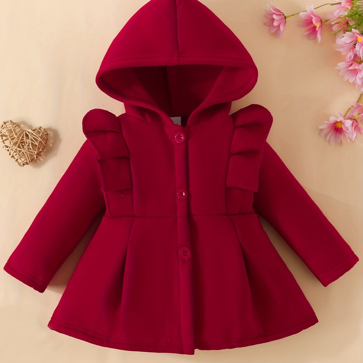 Baby Girl Ruffled Long Sleeve Fleece Hooded Single Breasted Coat, Kids Clothes Autumn And Winter (Recommended To Buy One Size Larger)