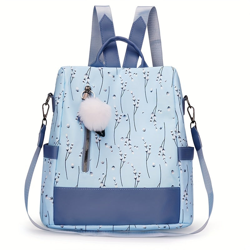 Pompom Decor Anti-Theft Travel Backpack Purse For Women - Floral Print Shoulder Bag - School Bag