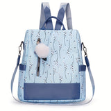 Pompom Decor Anti-Theft Travel Backpack Purse For Women - Floral Print Shoulder Bag - School Bag