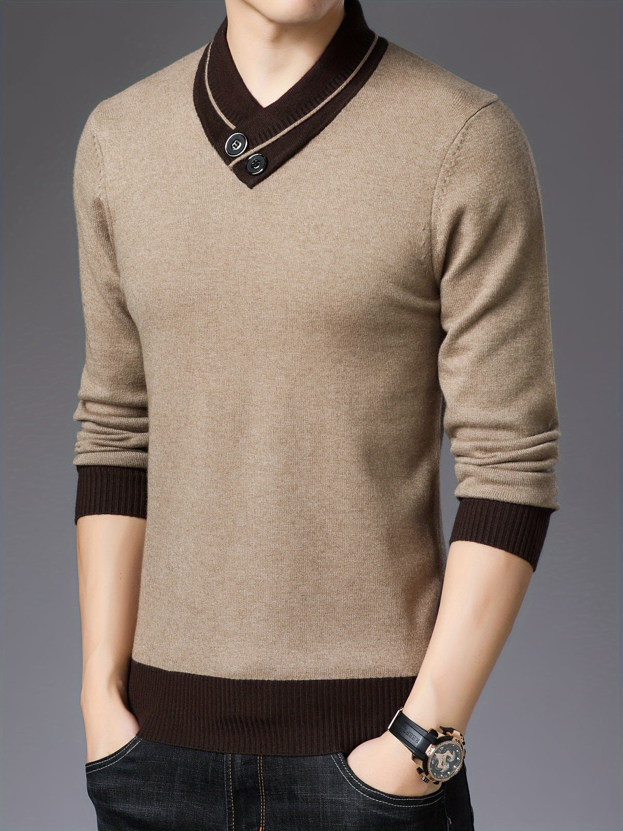 All Match Knitted Slim Sweater, Men's Casual Warm Slightly Stretch Shawl Collar Pullover Sweater For Men Fall Winter