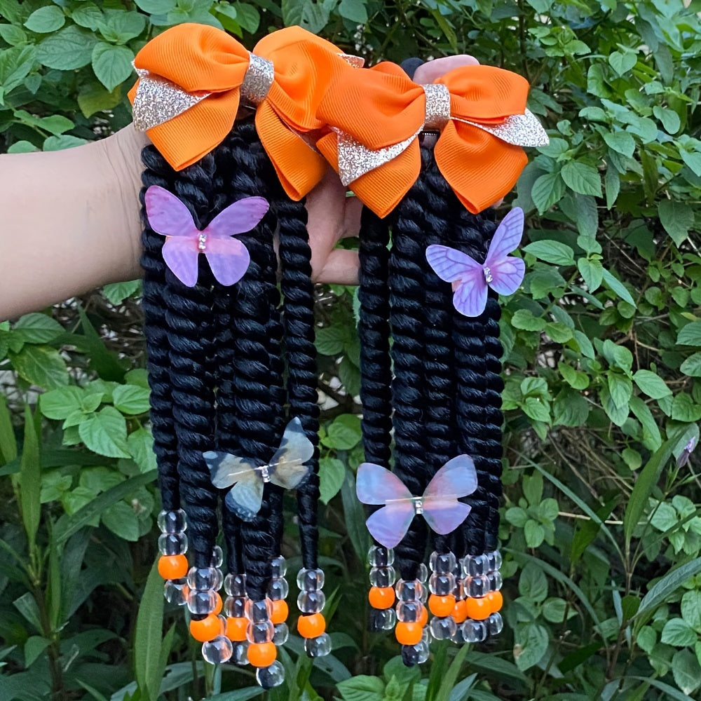 2pcs Delicate Kids Ponytail Extensions, Braids With Beads, Sweet Hair Extension With Elastic Tie, Twist Ponytails With Hair Bows Butterflies, Cute Pigtail, Beautiful Wig For Girls Casual Leisure Party Supplies, Gift Stage Per